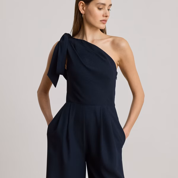 Bow-Trim Crepe One-Shoulder Jumpsuit