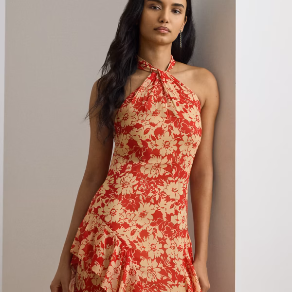 Floral Ruffle-Trim Georgette Halter Gown