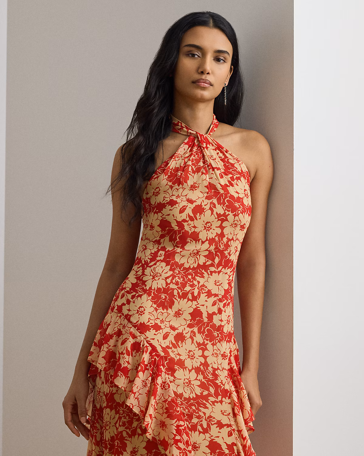 Floral Ruffle-Trim Georgette Halter Gown