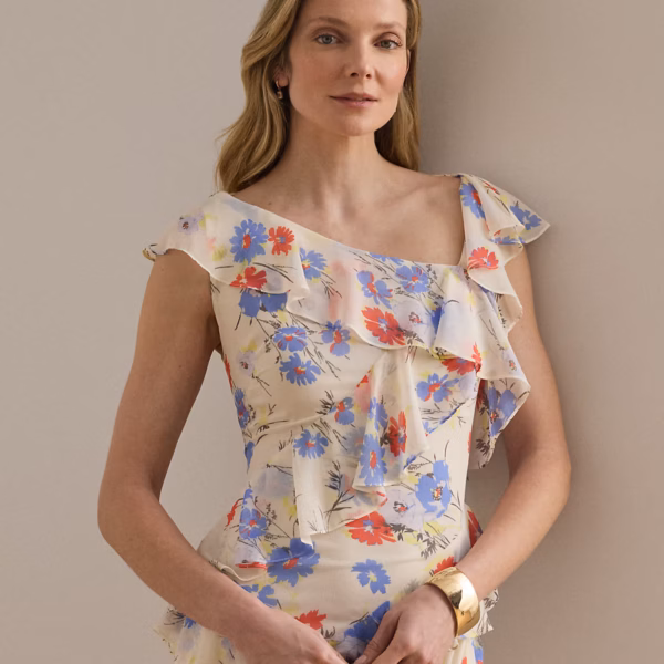 Floral Ruffle-Trim Georgette Tiered Gown