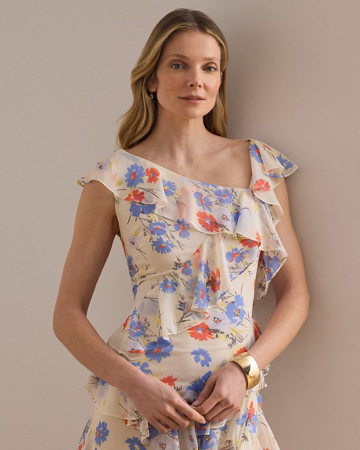 Floral Ruffle-Trim Georgette Tiered Gown