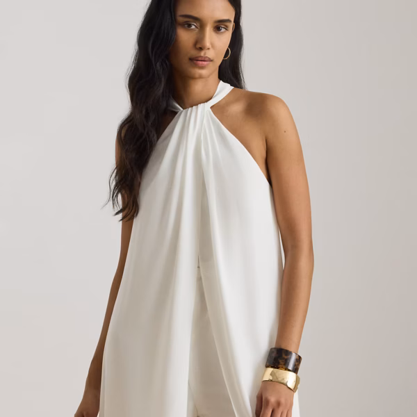 Cape Georgette Wide-Leg Halter Jumpsuit