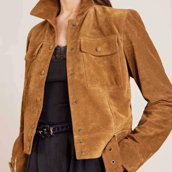 Cropped belted suede jacket