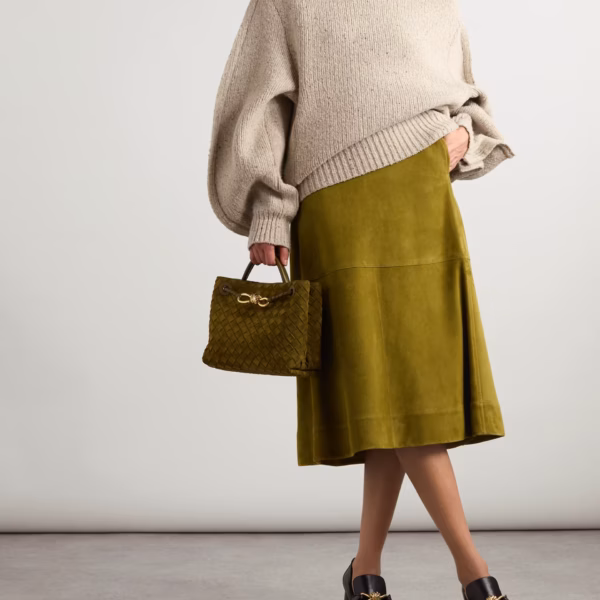 Pleated paneled suede midi skirt