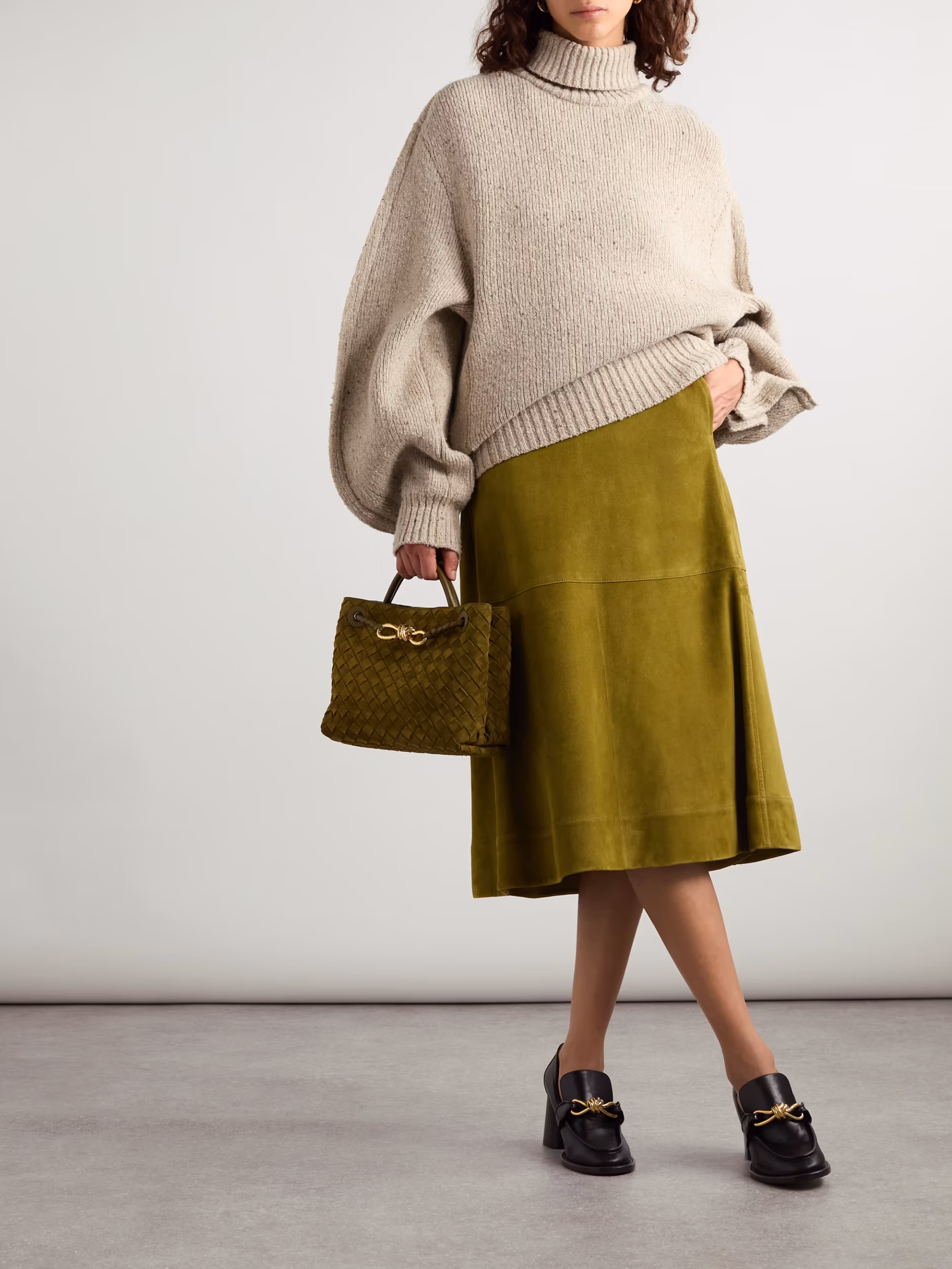 Pleated paneled suede midi skirt