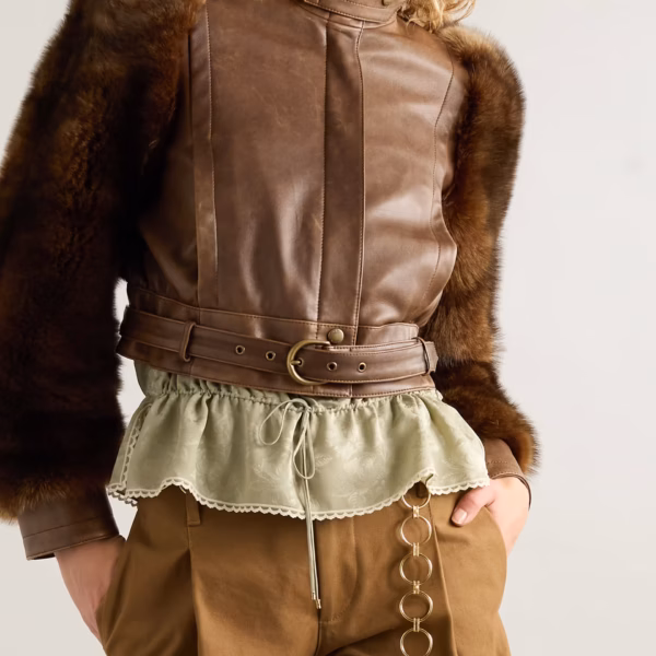 Cropped shearling-trimmed leather jacket