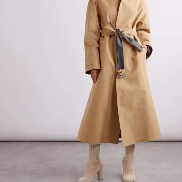 Belted leather-trimmed cotton-garbardine trench coat