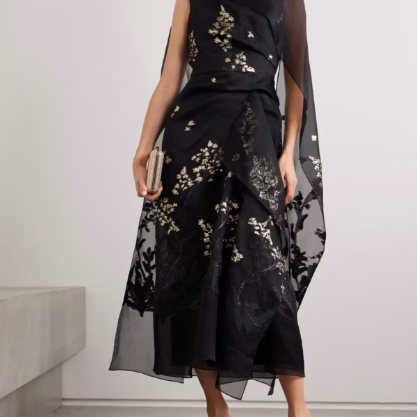 Layered metallic silk-organza and cloqué midi dress