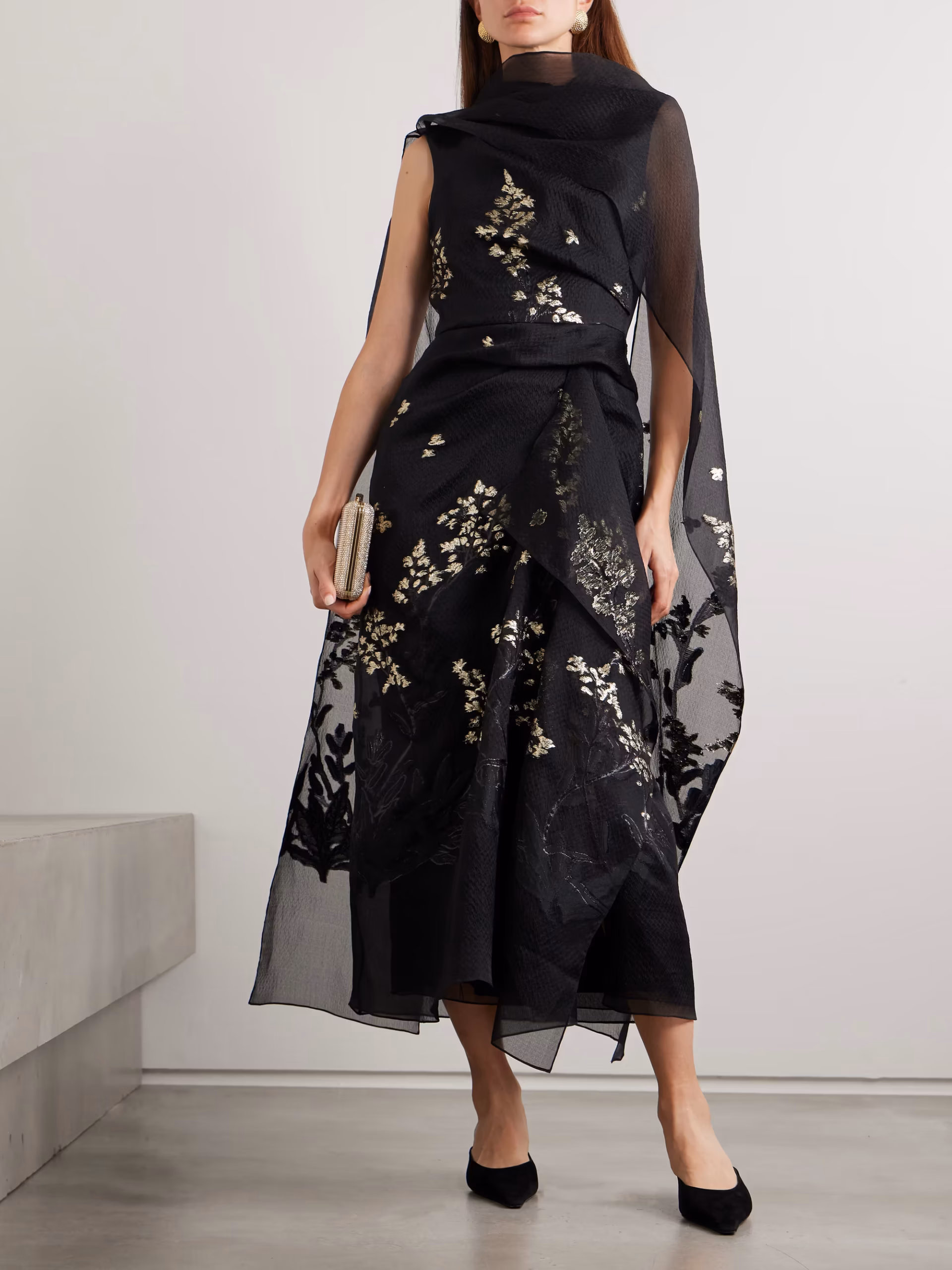 Layered metallic silk-organza and cloqué midi dress