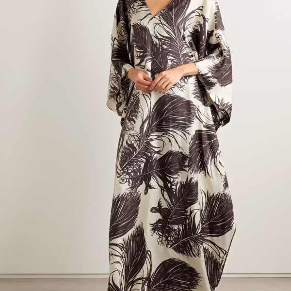 Scarf-detailed printed silk-twill gown
