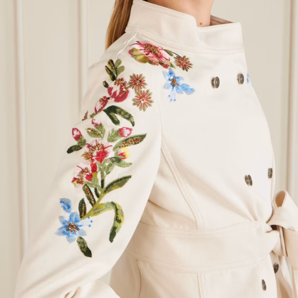 Belted embellished embroidered denim jacket