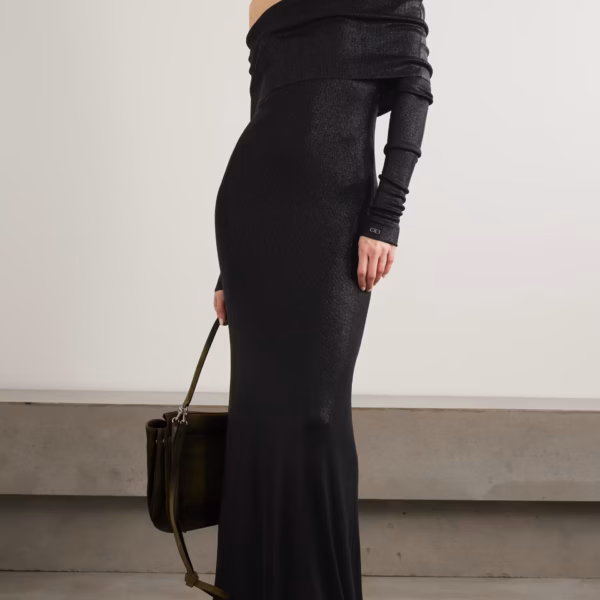 Draped metallic stretch-knit maxi dress