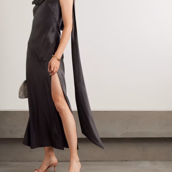 Open-back draped silk-satin midi dress
