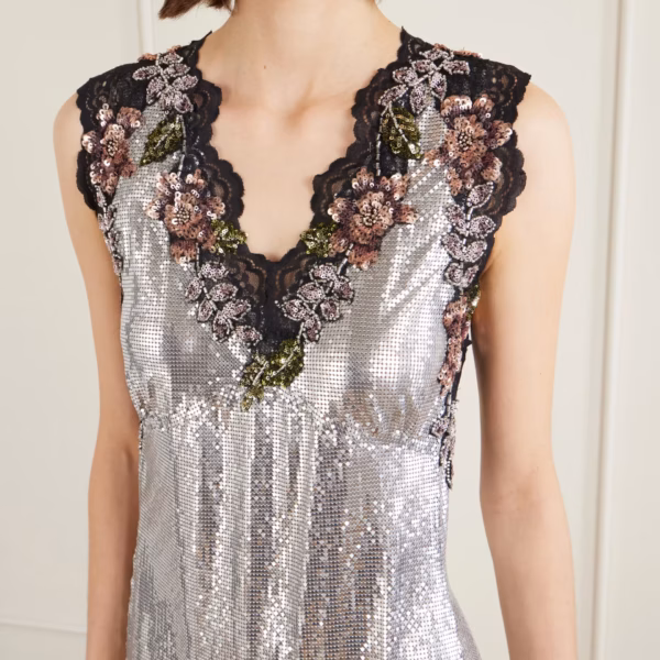 Embellished lace-trimmed chainmail midi dress