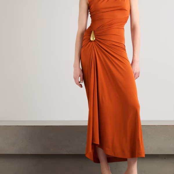 Gathered embellished crepe-jersey maxi dress