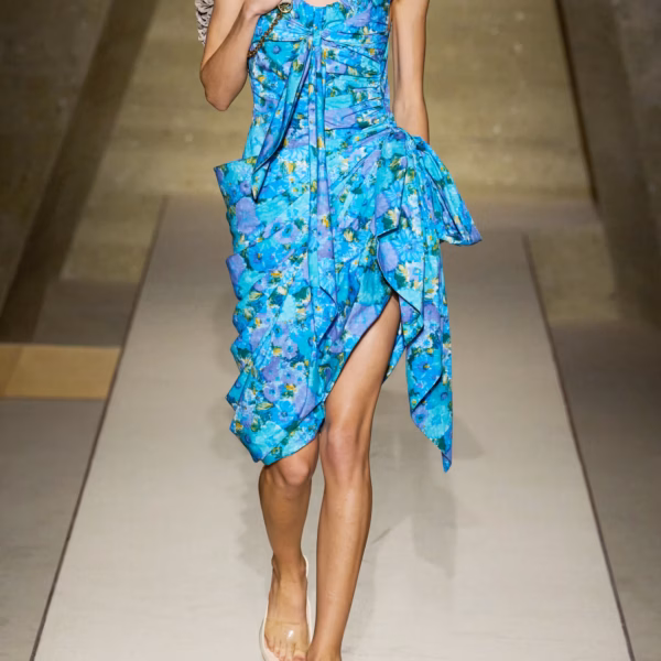 Asymmetric bow-detailed draped gathered floral-print cotton mini dress