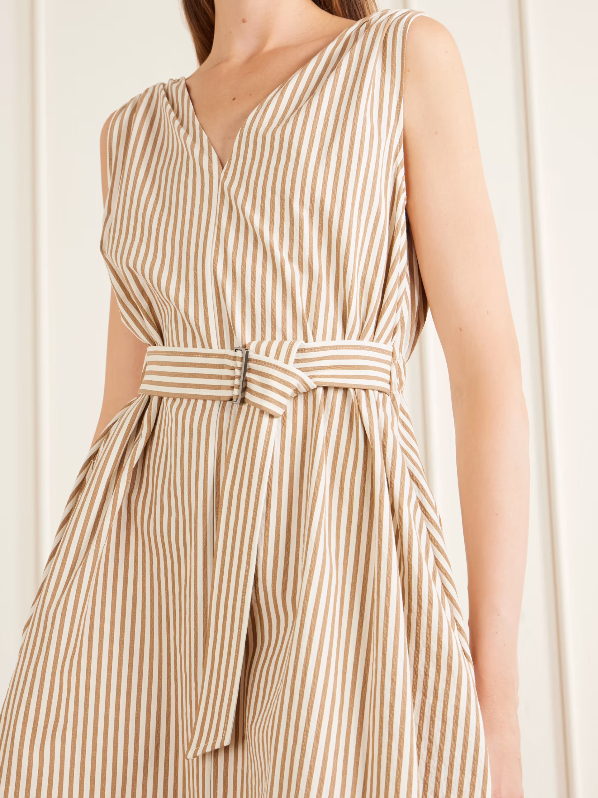 Belted seersucker cotton-blend mini dress