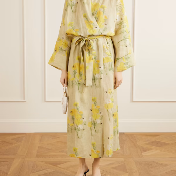 Peignoir belted floral-print linen maxi dress
