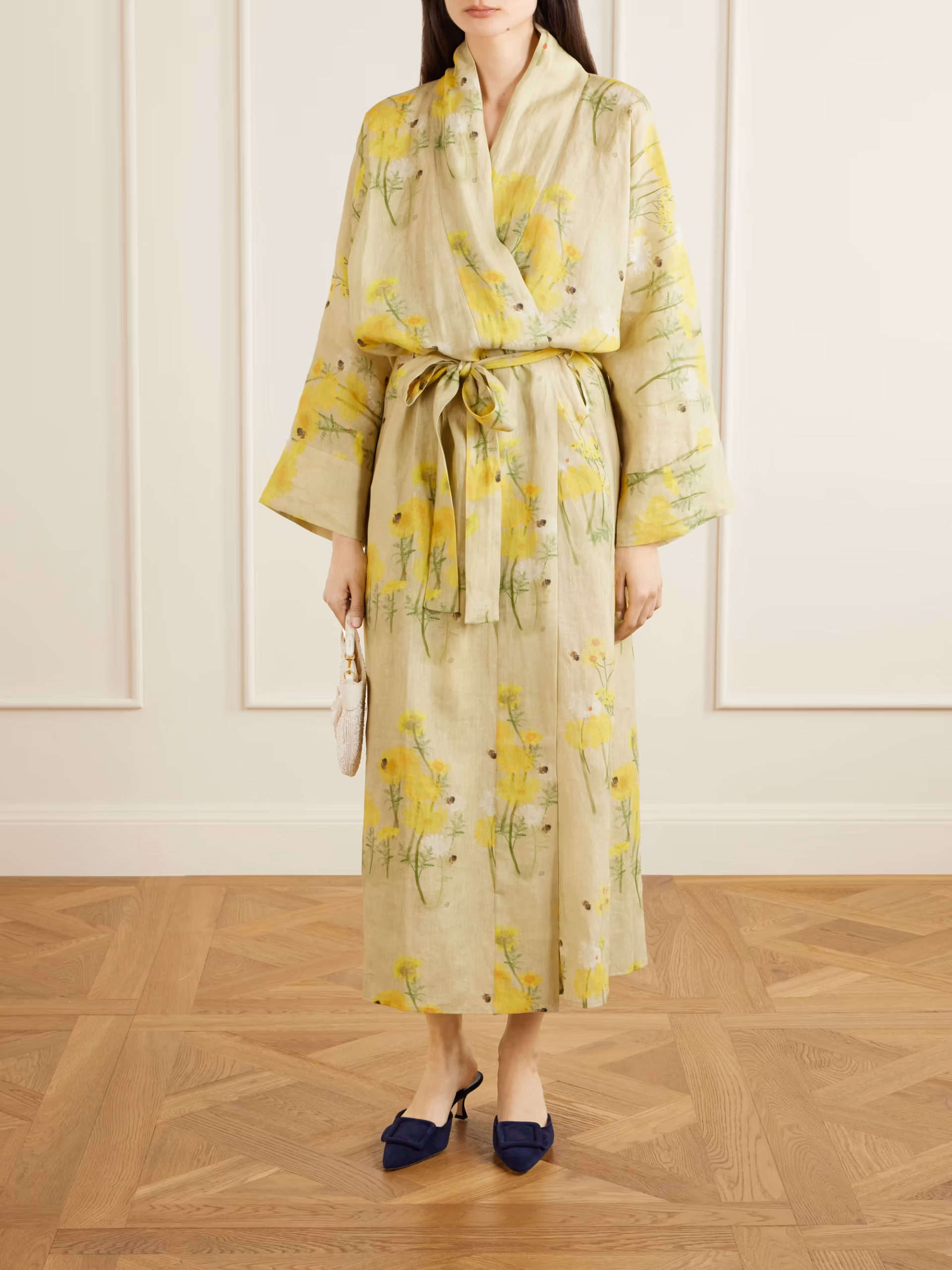 Peignoir belted floral-print linen maxi dress