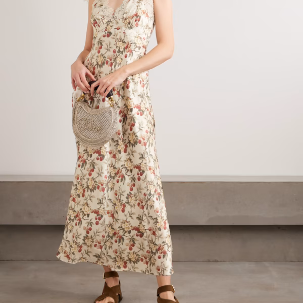 Fiona lace-trimmed floral-print silk-satin midi dress
