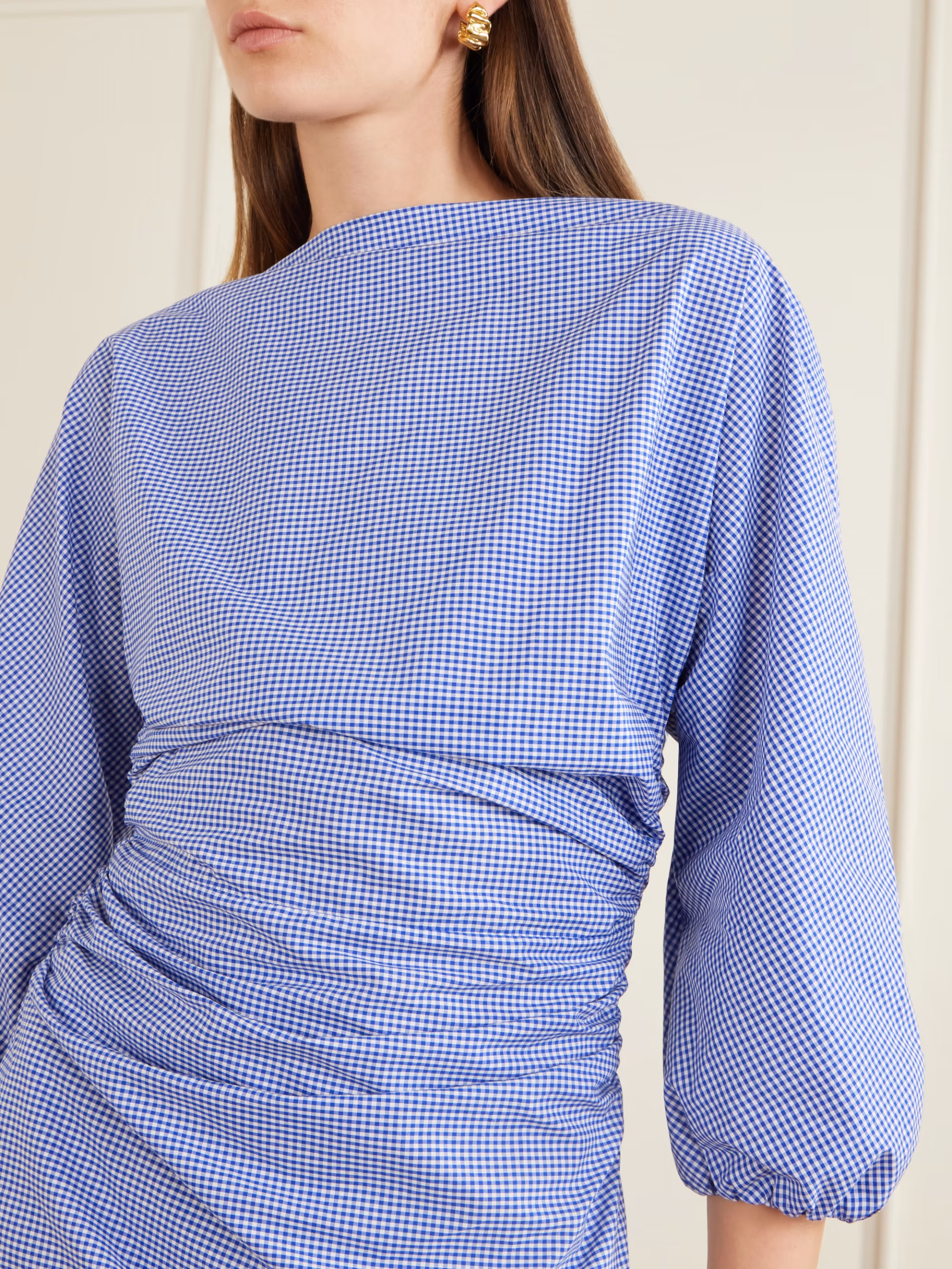 Ezra gathered checked cotton mini dress