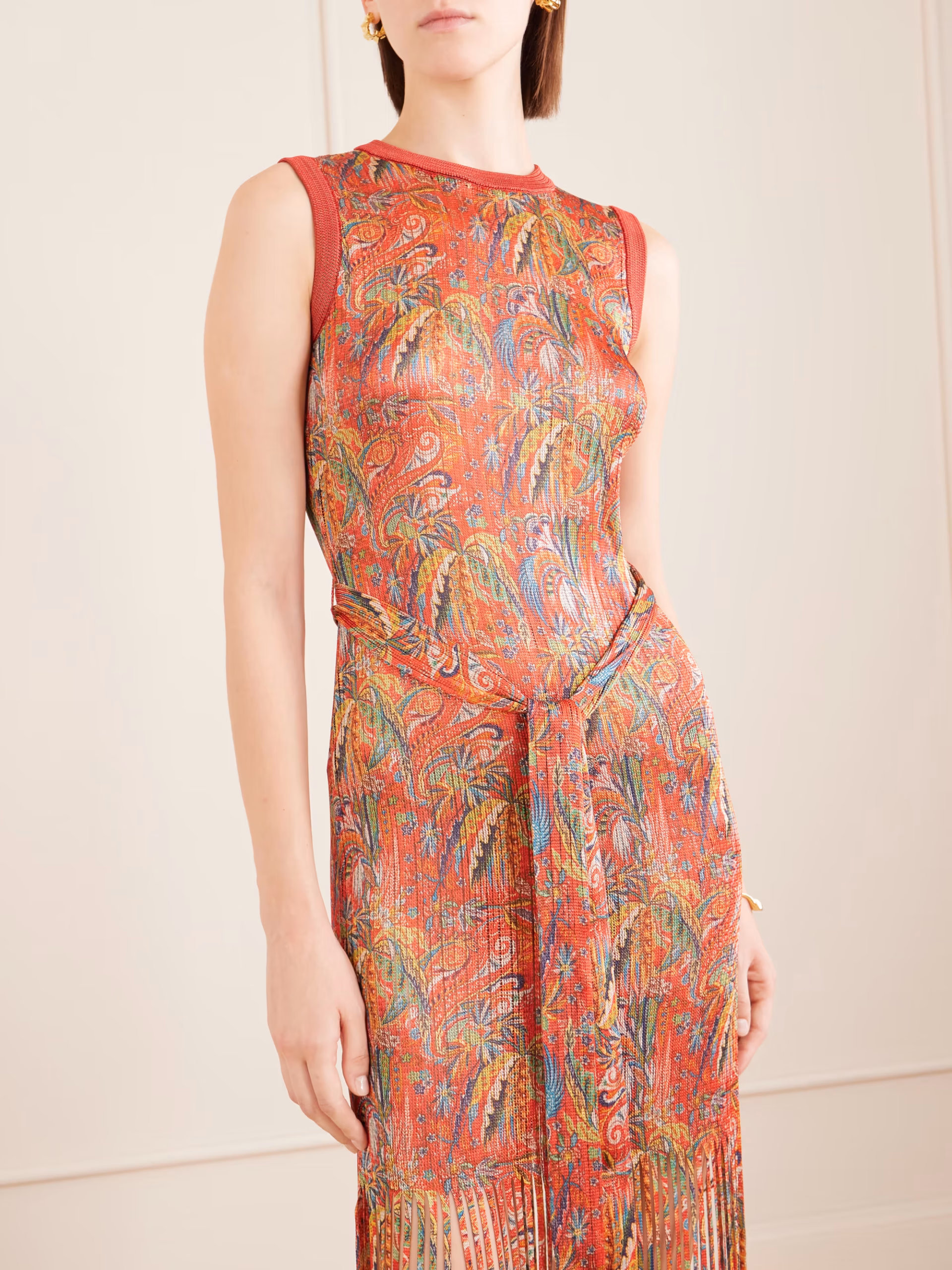 Belted fringed jacquard-knit midi dress