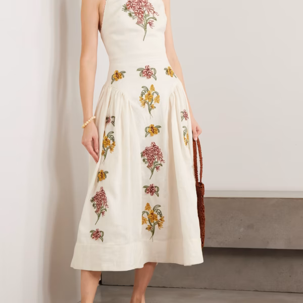 Balsa embellished embroidered linen halterneck midi dress