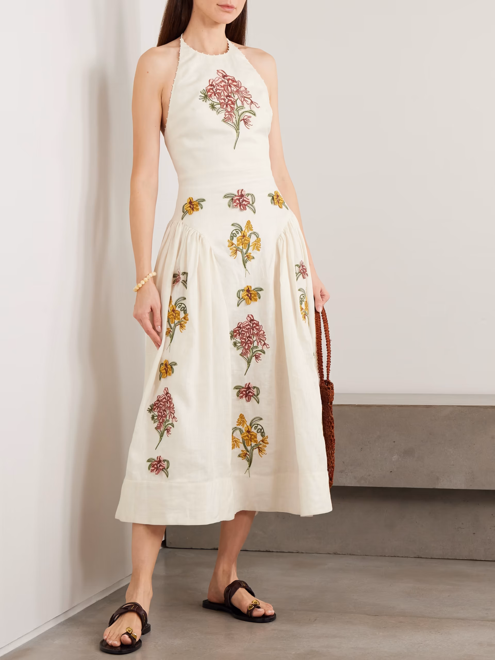 Balsa embellished embroidered linen halterneck midi dress