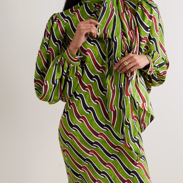 Tie-detailed printed silk-jacquard midi dress