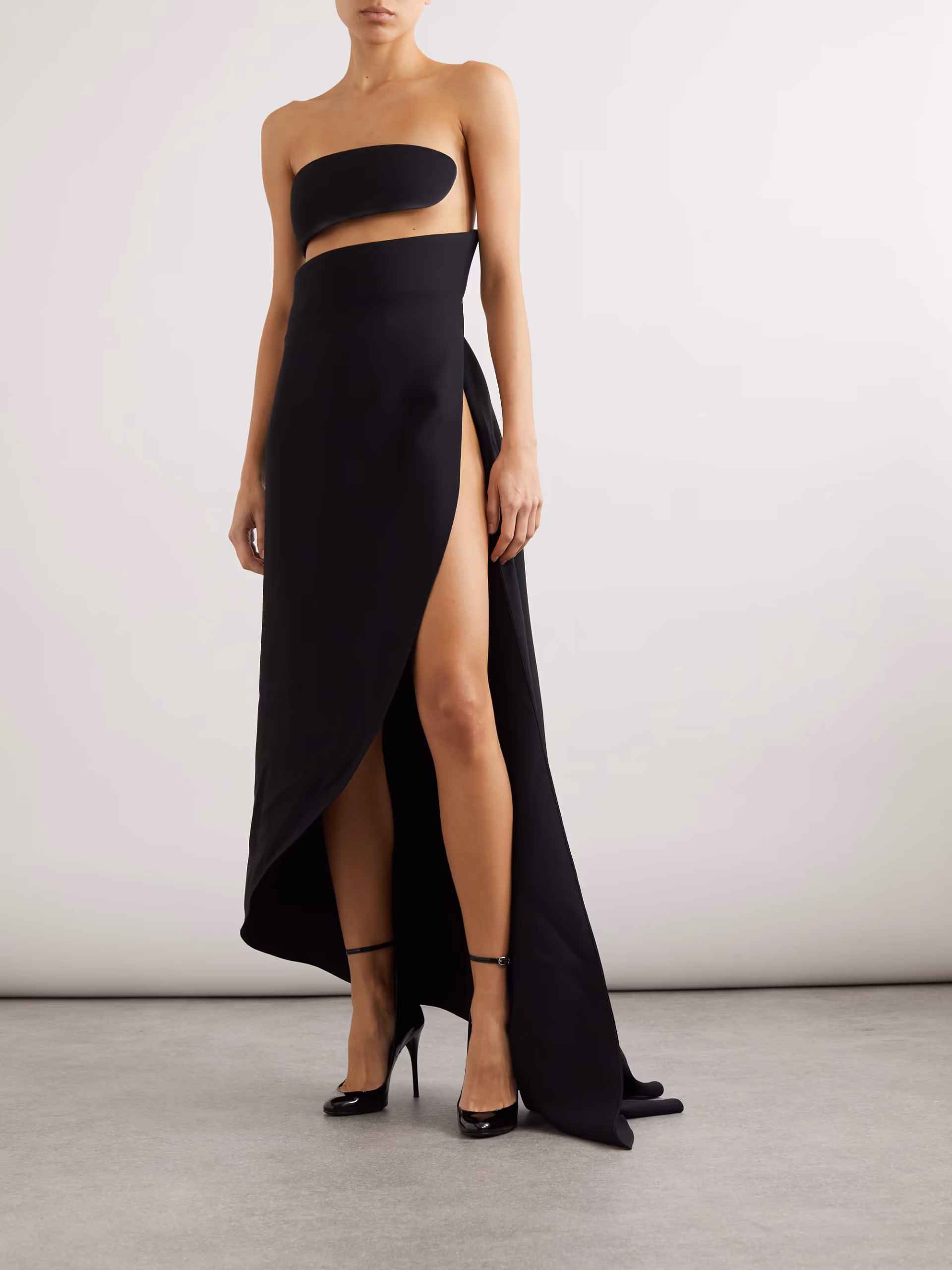 Spiral strapless bustier silk and wool-blend gown