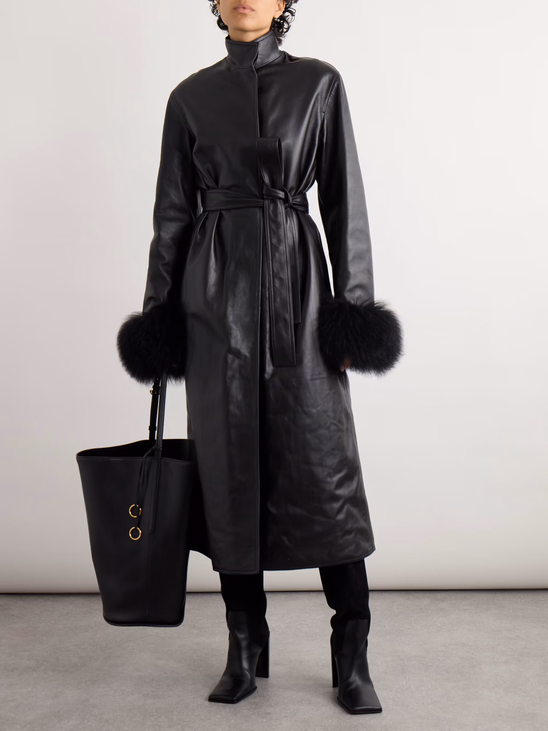 Shearling-trimmed leather coat