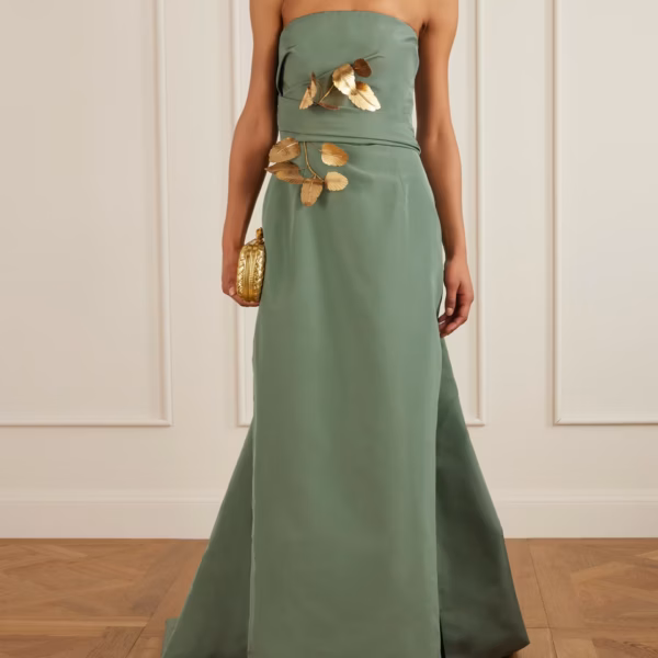 Strapless draped embellished silk-faille gown