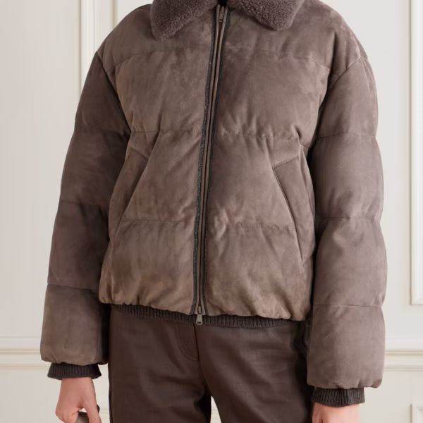 Bead-embellished shearling-trimmed padded quilted suede down jacket