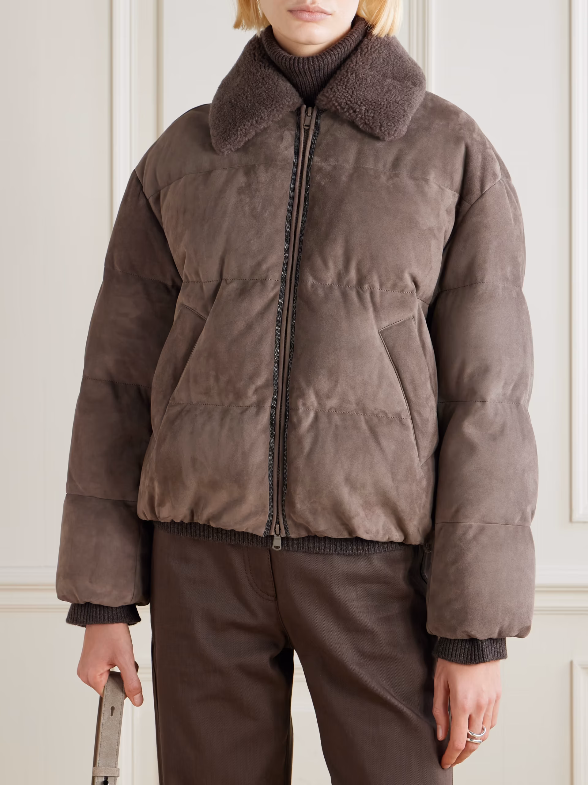 Bead-embellished shearling-trimmed padded quilted suede down jacket