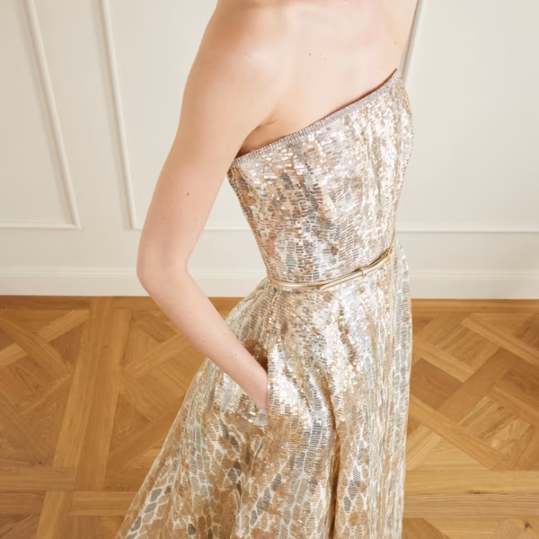 Strapless belted sequin-embellished tulle gown
