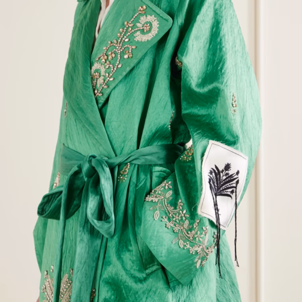 Crystal-embellished textured-satin coat
