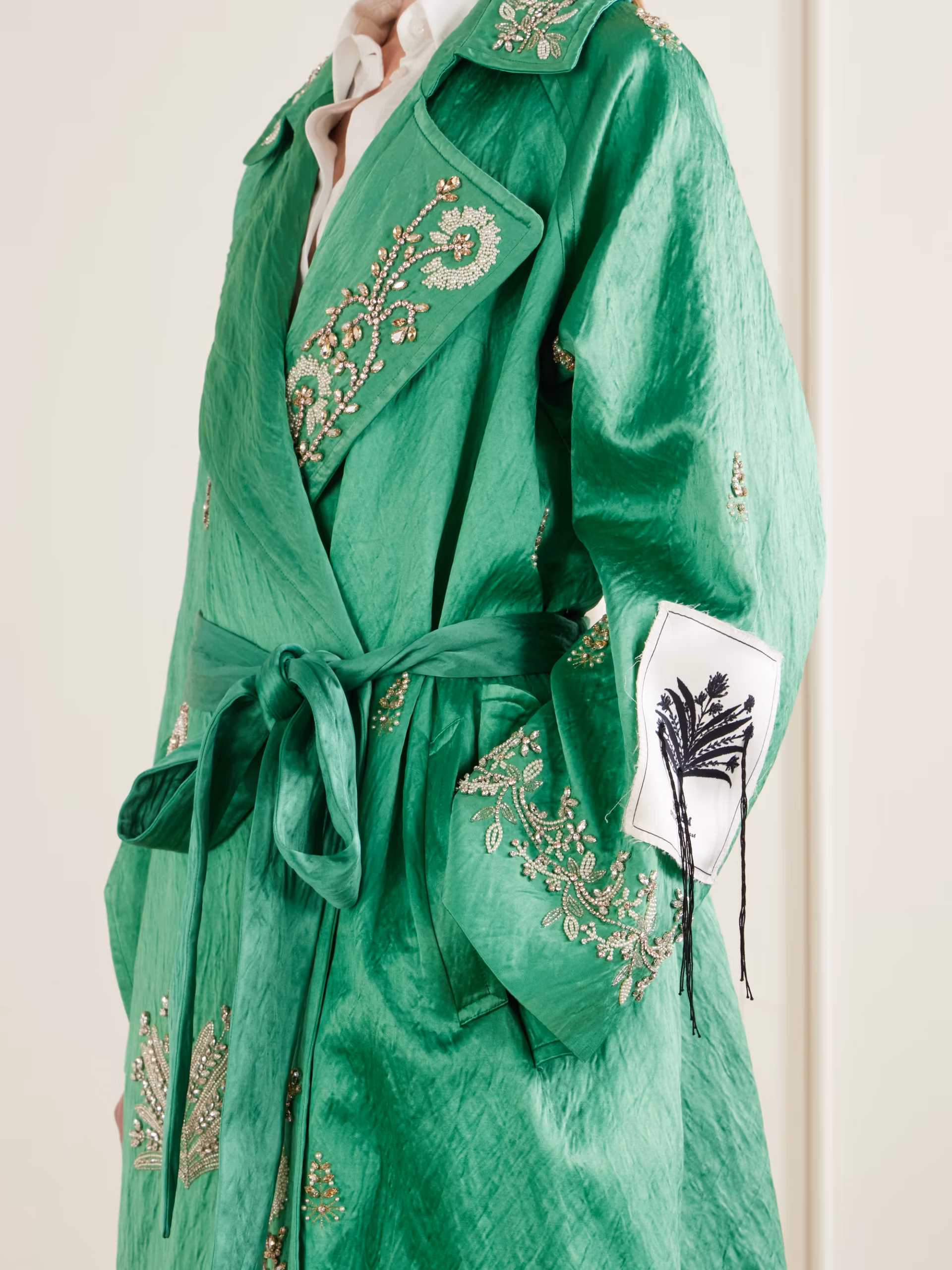 Crystal-embellished textured-satin coat