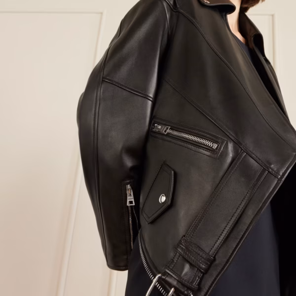 Asymmetric paneled leather jacket