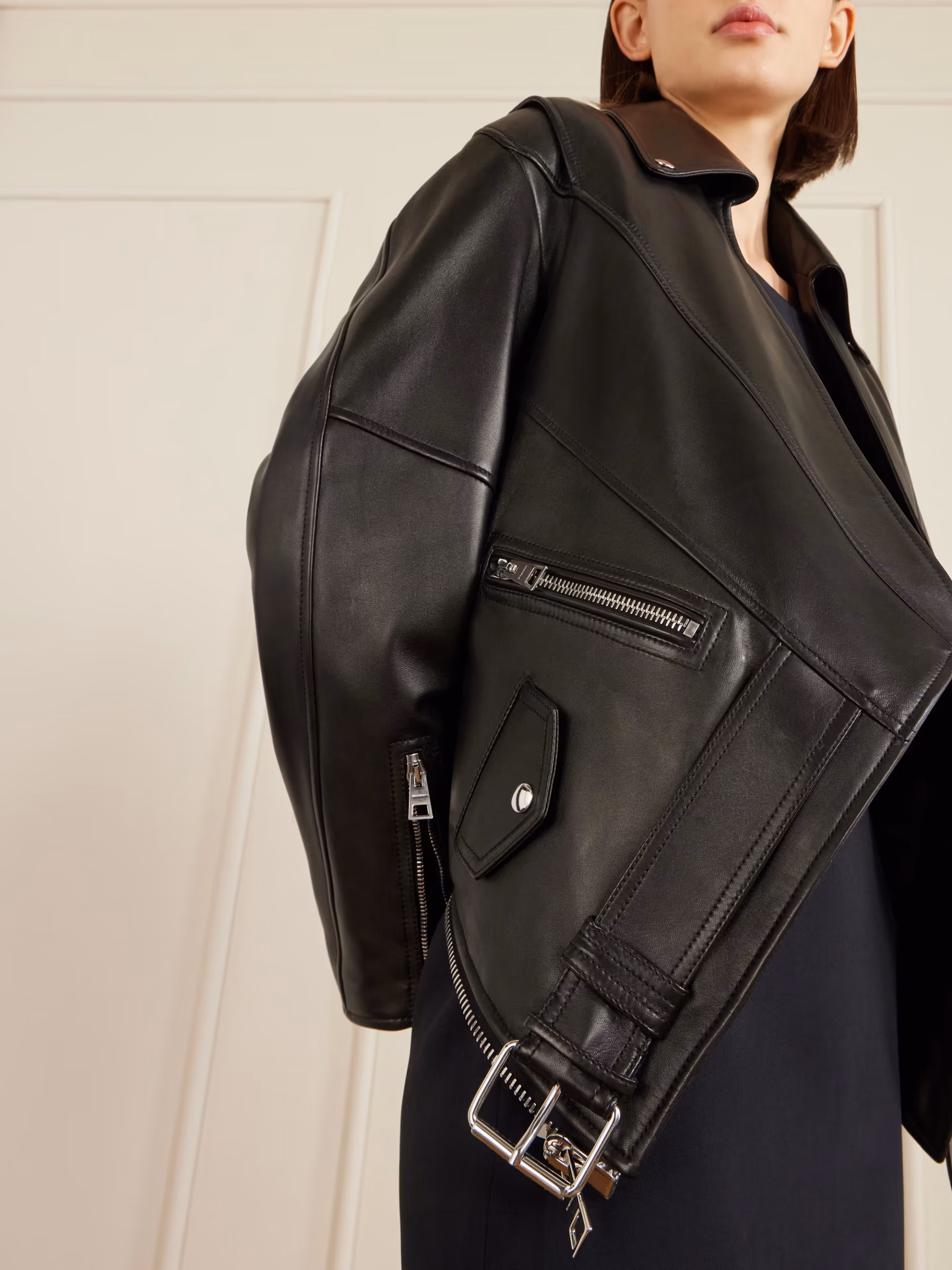 Asymmetric paneled leather jacket