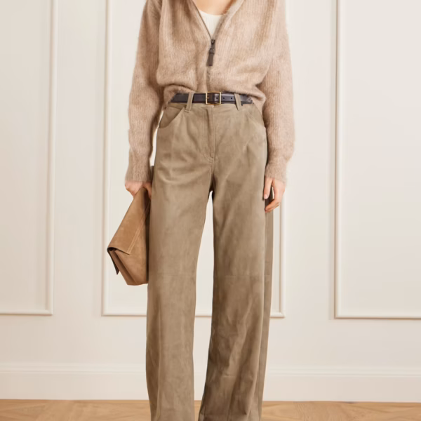 Embellished paneled suede wide-leg pants