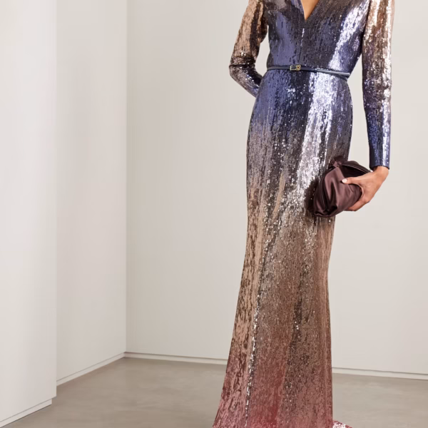 Belted ombré sequined tulle gown
