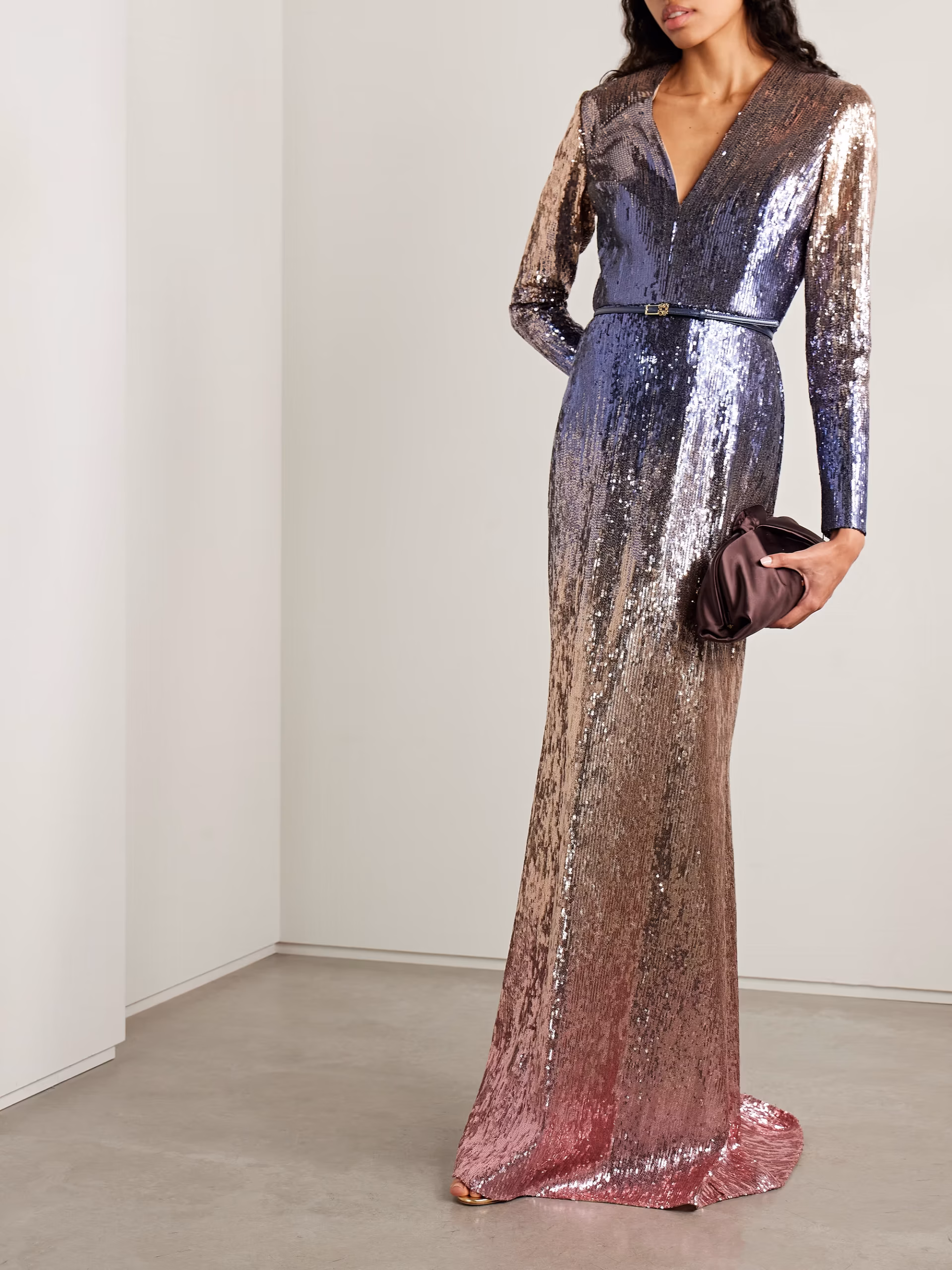 Belted ombré sequined tulle gown
