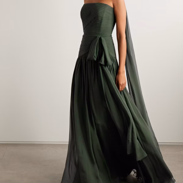 Scarf-detailed pintucked silk crepe de chine gown