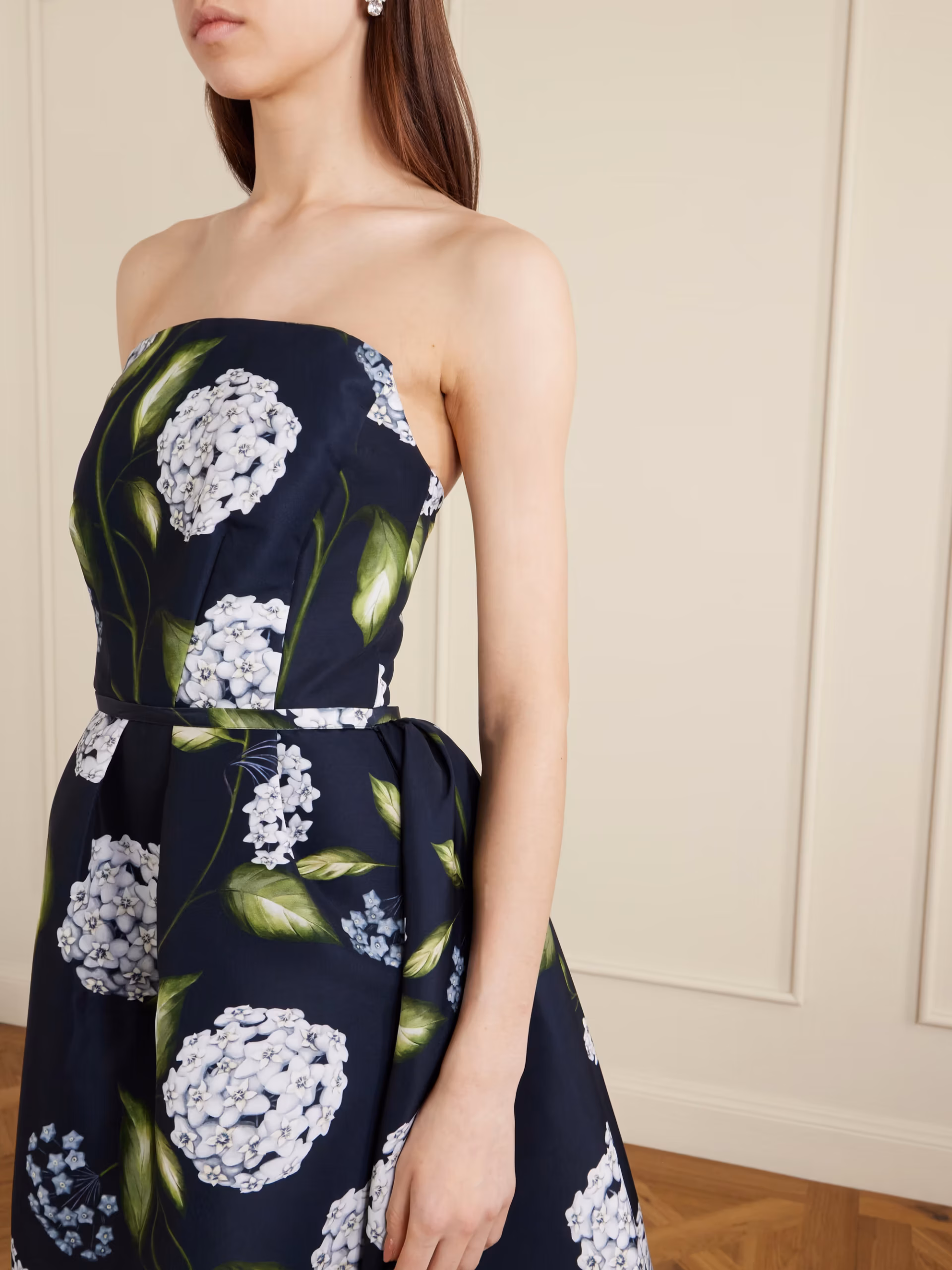 Floral-print twill gown