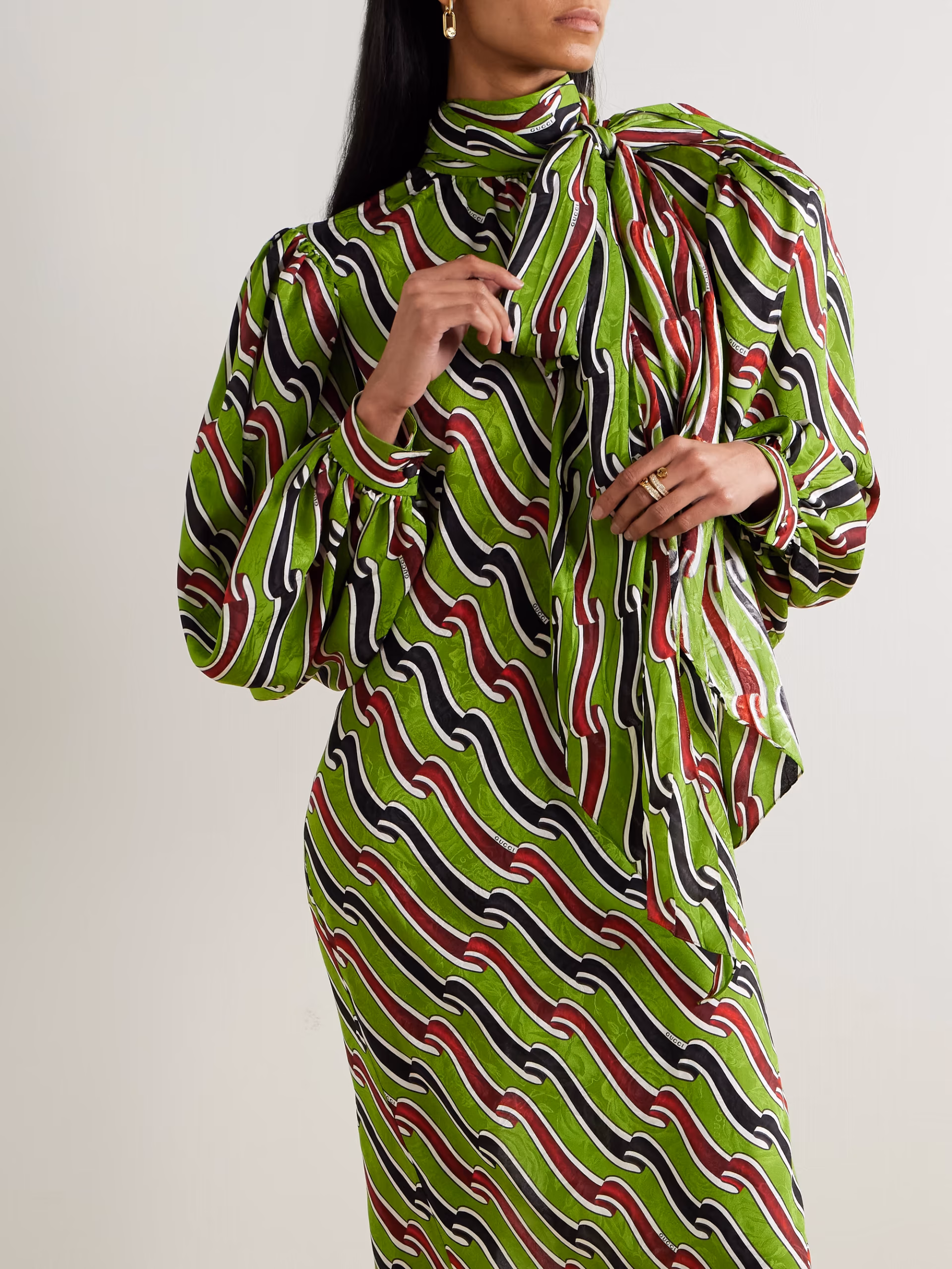 Tie-detailed printed silk-jacquard midi dress