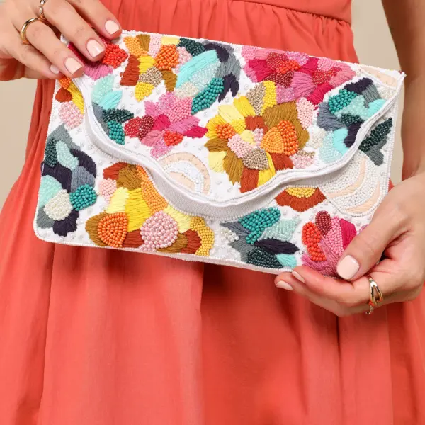 Vibrant Charm White Multi Beaded Embroidered Clutch