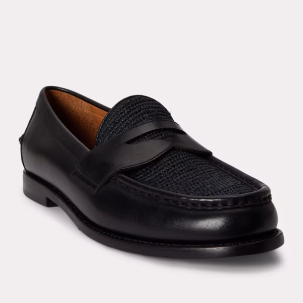 Alston Raffia-Trim Leather Penny Loafer