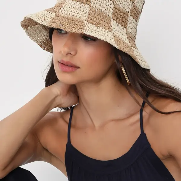 Sunshine Check Beige and Tan Checkered Straw Bucket Hat