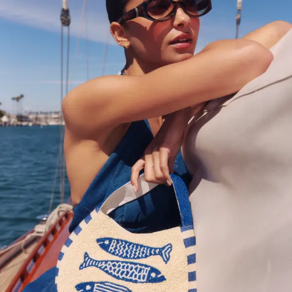 Elba Ivory and Blue Sardine Beaded Handbag