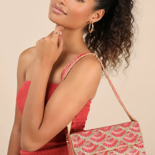 Pania Gold and Red Seashell Beaded Shoulder Bag